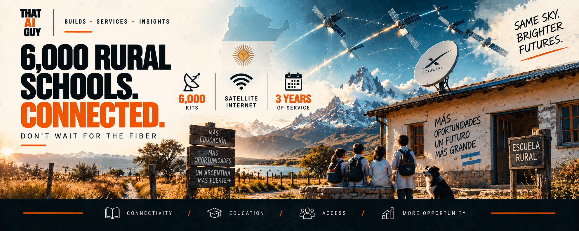 Argentina rural school connectivity graphic showing students, a Starlink terminal, and satellite internet.